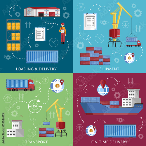 Sea port design concept set with container cargo and shipment flat design vector illustration. Cargo ship. Logistics and transportation infographic elements.