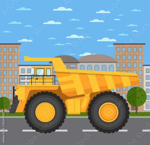 Big yellow mining truck on road in city vector illustration. Urban cityscape background with skyscrapers. Modern dump truck side view. Vehicle for cargo transportation. Mining industry