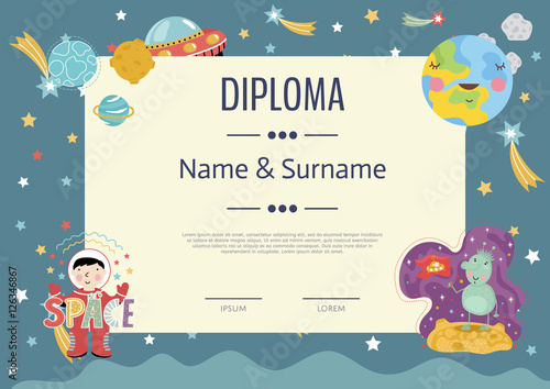Diploma cartoon template. Spaceship, stars. planets, comets. For award for victory in scientific competition. Cartoon kids diploma template.