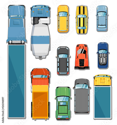 Cars and trucks top view set isolated vector illustration. Commercial freight truck, tipper, concrete mixer, city car, cabriolet, hatchback, sports car, muscle car, sedan, commercial van, suv in flat