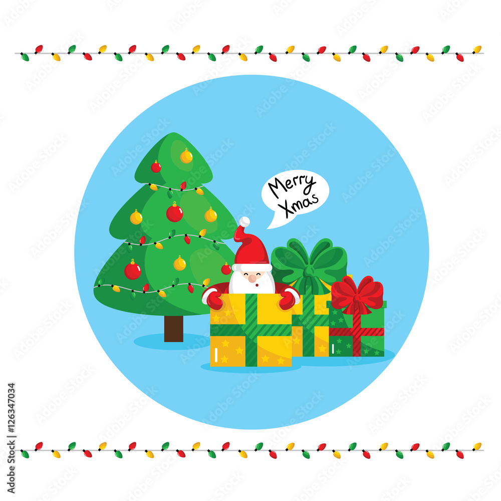 Merry Christmas greeting card with Santa Claus and decorated christmas tree vector illustration. Santa with giftbox and message - Merry Xmas. Light decoration, garland frame, christmas ball.