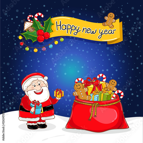 Happy New Year greeting card with Santa Claus and big red sack full of gifts vector illustration. Smiling Santa with giftbox. Snowflakes background. Seasons greetings. Cartoon character