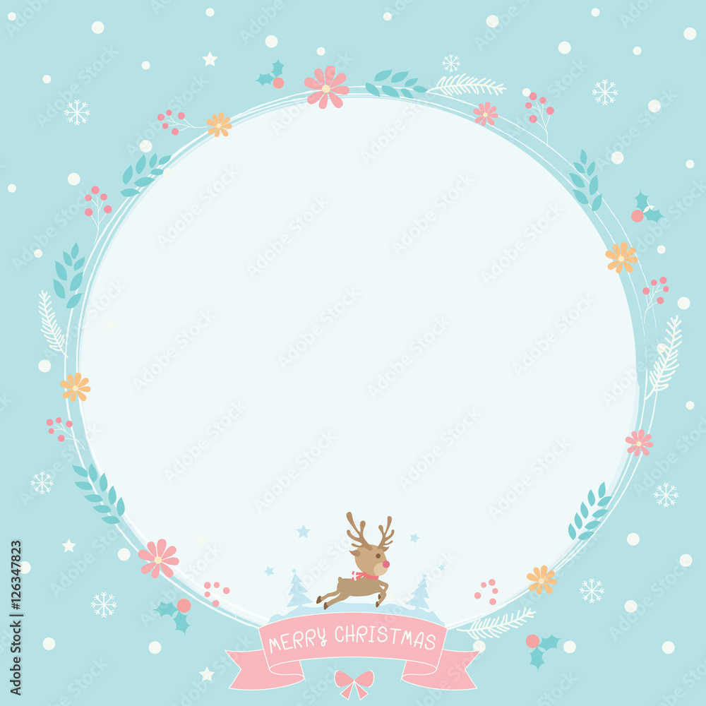 Floral and flower wreath for merry christmas and happy new year card with cute reindeer and ribbons.Illustration vector pastel colors. Floral and flower wreath for merry christmas and happy new year card with cute reindeer and ribbons.Illustration vector pastel colors.