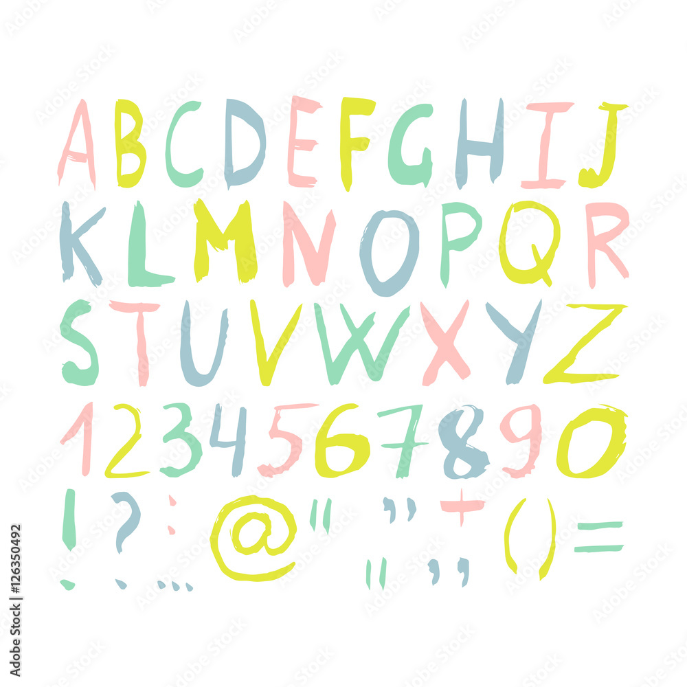 Colorful hand painted alphabet. ABC letters. Vector illustration.