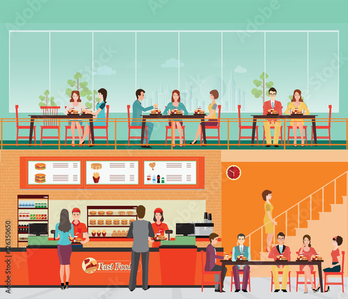 People Buying Fast Food at Fast food restaurant interior with ha