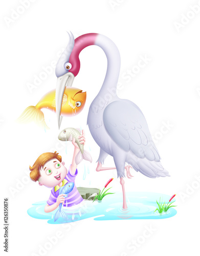 Boy gives fishes to crane