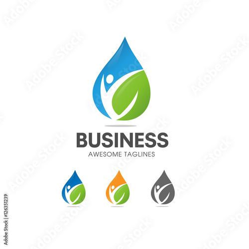 creative Organic Health Food Nutrition and Diet logo vector concept, blue water and green leaf with shape of human figure 