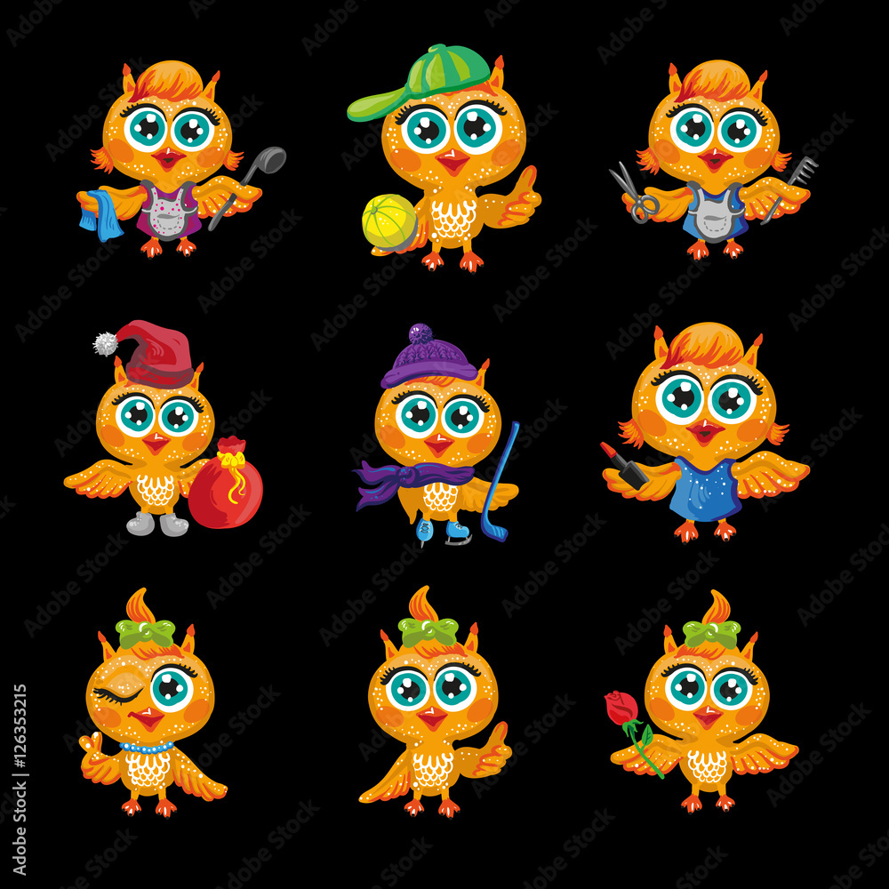 Fototapeta premium Vector set of cute owls. Cartoon characters different professions.