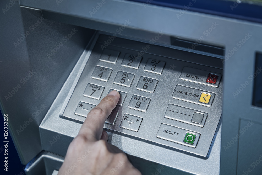 Password code protection Hand on button number Banking automatic teller machine Password code protection Hand on button number Banking automatic teller machine