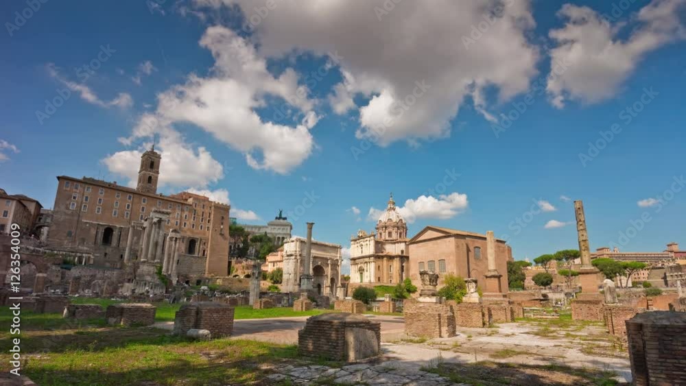 blue sky summer day rome city famous roman forum panorama 4k time lapse italy
