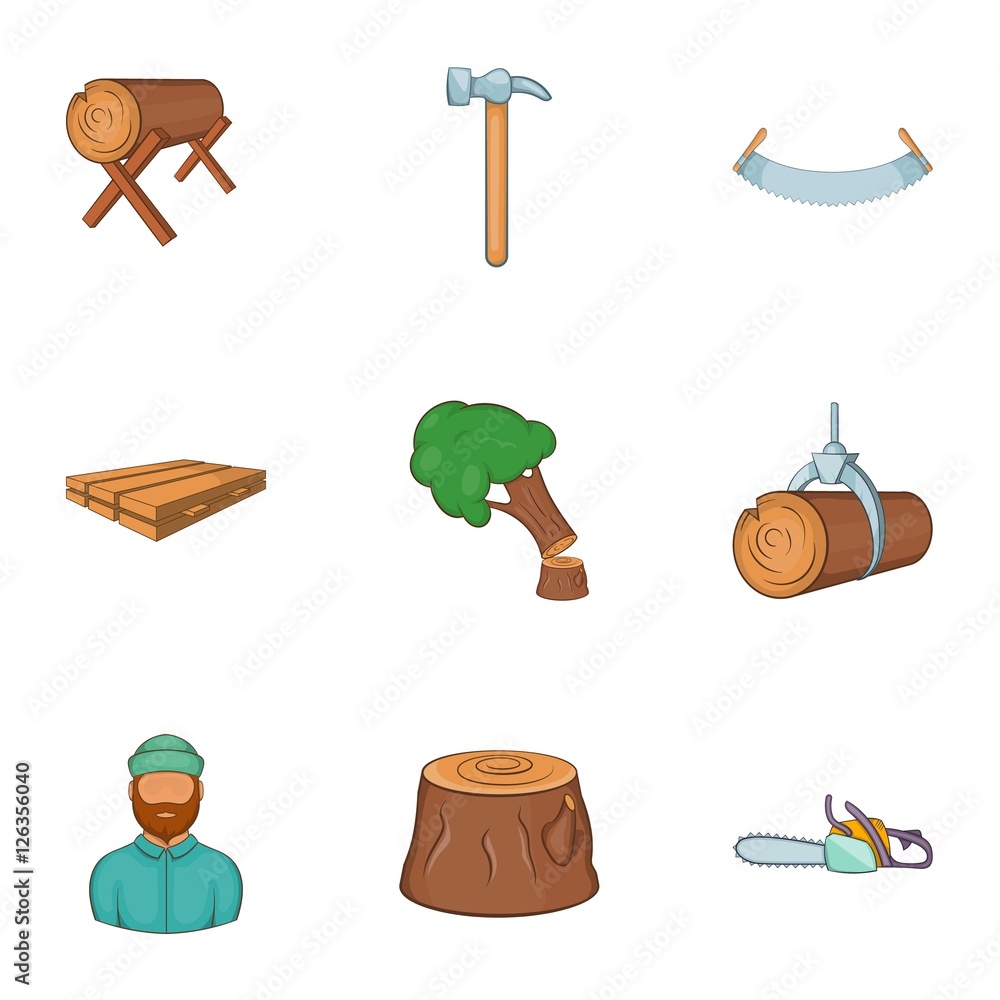 Cutting down trees icons set. Cartoon illustration of 9 cutting down