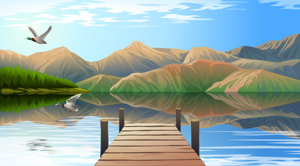 Fotobehang Pier Uitzicht op meer met steiger  © vectorpocket