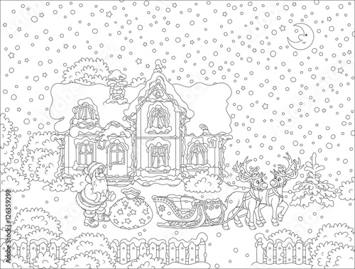 The night before Christmas, Santa Claus with a big bag of gifts preparing for a journey in his sleigh with reindeers
