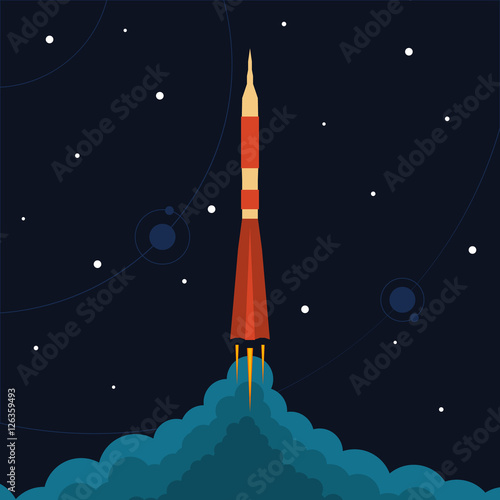 Space rocket launch. Vector illustration with flying rocket. Space travel. Project development. Creative idea.
