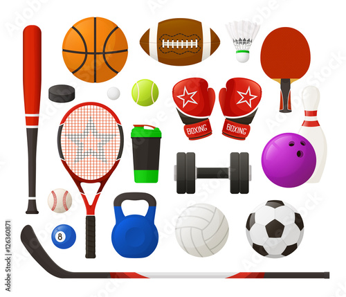 Vector illustration. Set of sport equipment in simple design. Collection of sport inventory. Kit of sports stock. Realistic flat design