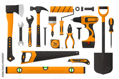 Vector illustration. Set of work tools in simple design. Set of working instrument. Set of toolbox. Realistic flat design