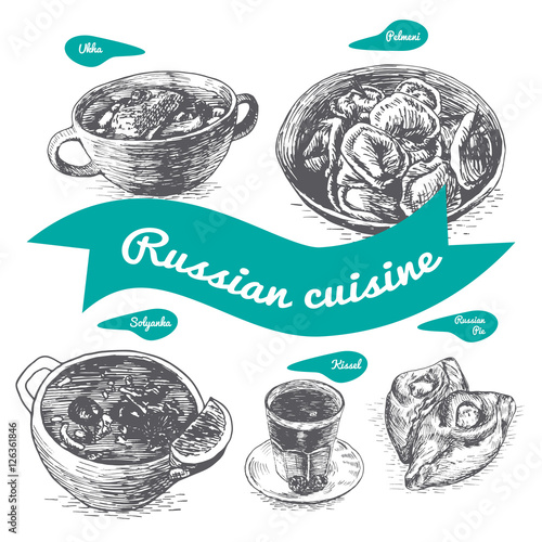 Monochrome vector illustration of Russian cuisine.
