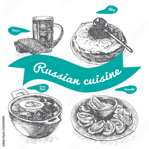 Monochrome vector illustration of Russian cuisine.