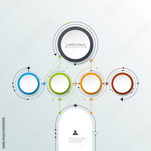 Vector molecule with 3D paper label, integrated circles background. Blank space for content, business, infographic, diagram, digital network, flowchart. Social network connection technology concept