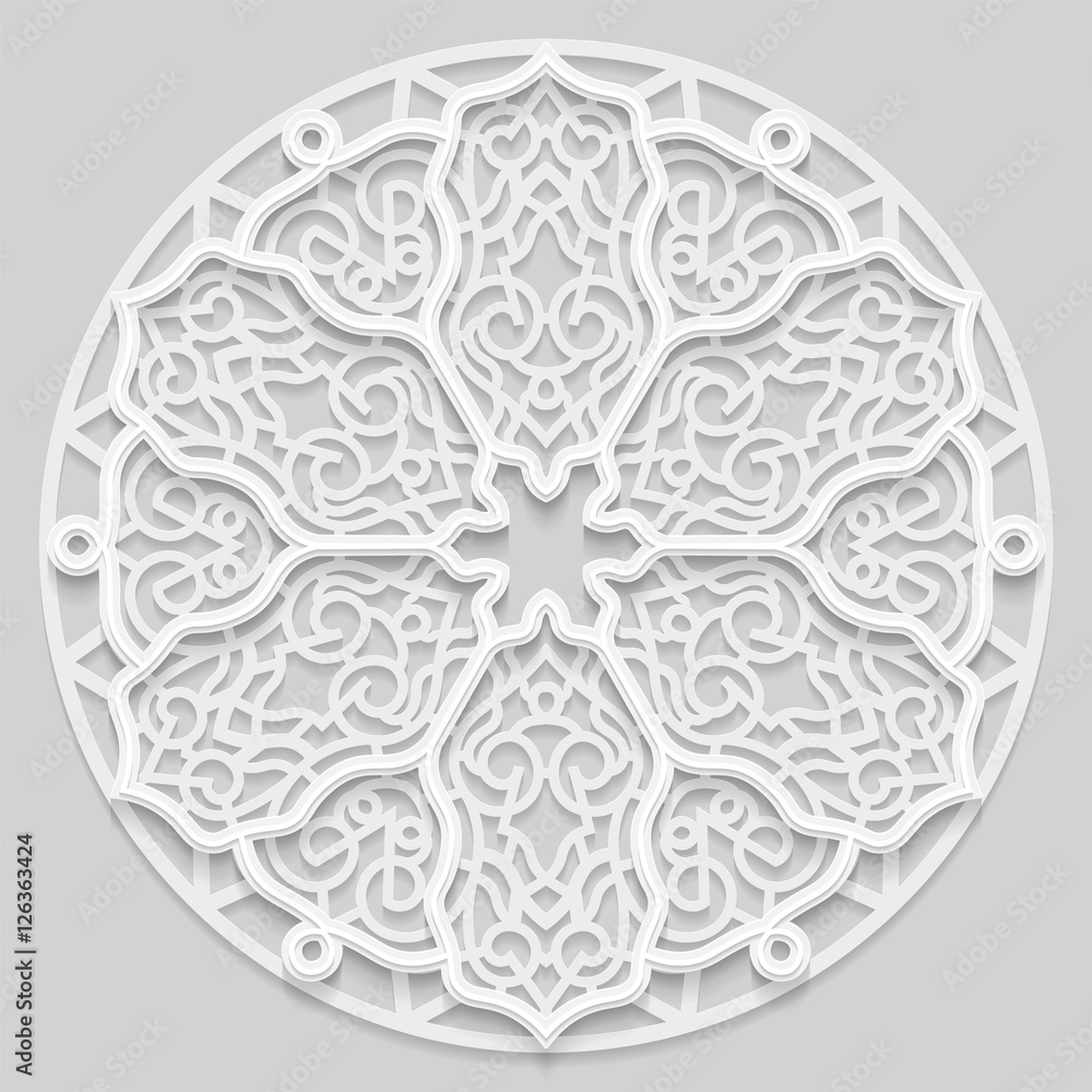 Lace 3D mandala, round symmetrical openwork pattern, lacy doily, decorative snowflake, arabic ornament, indian ornament, embossed pattern, decorative design element, vector Lace 3D mandala, round symmetrical openwork pattern, lacy doily, decorative snowflake, arabic ornament, indian ornament, embossed pattern, decorative design element, vector