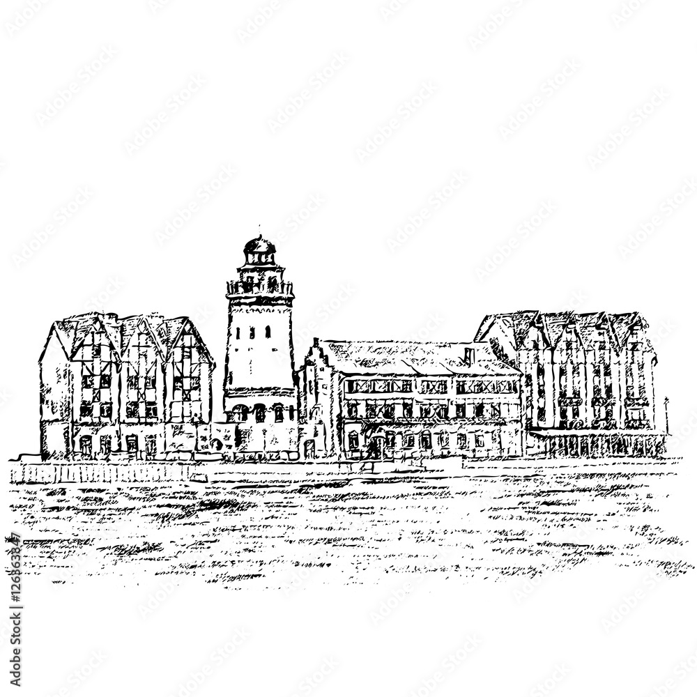 Ethnographic and trade center, embankment of the Fishing Village, Kaliningrad Russia, hand drawn vector sketch illustration isolated on white background, vintage engraved style for touristic postcard