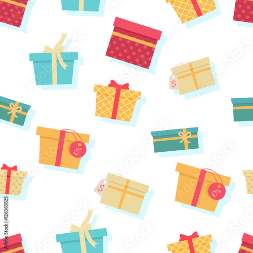 Seamless Pattern Gift Boxes with Ribbons and Bows