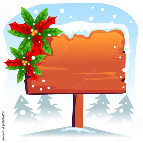 Vector Illustration of Blank Wooden Signage with Poinsettia on Snowy Background