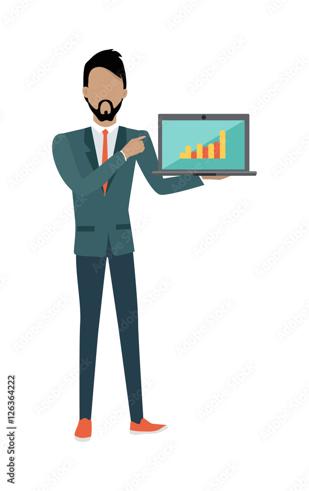 Man Demonstrating Chart on the Laptop. SEO Concept
