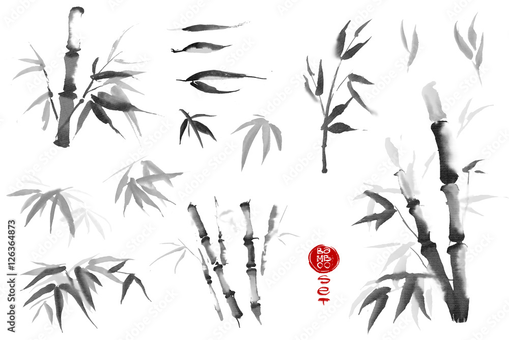 Fototapeta premium Bamboo leaves set. Watercolor and ink illustration in style sumi-e. Oriental traditional painting.