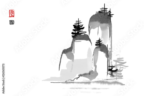 Mountain mist landscape Japanese style original sumi-e ink painting. Hieroglyphs featured means love and sincerity. Great for greeting cards, posters or texture design. photo