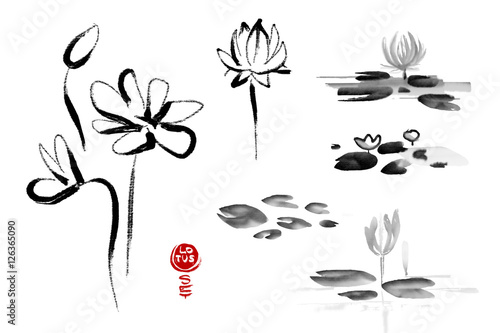 Lotus flowers hand drawn with ink isolated on white background with text "Lotus set". Traditional Japanese ink painting sumi-e © Ira Cvetnaya