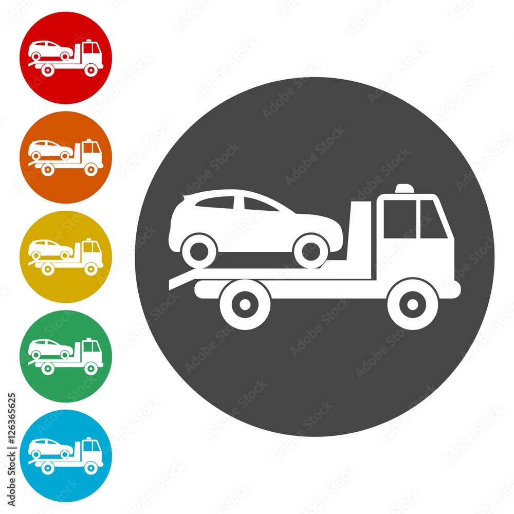 Car towing truck icons set