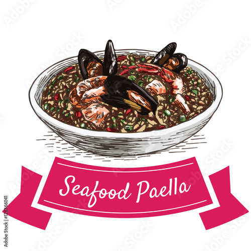 Seafood paella colorful illustration.