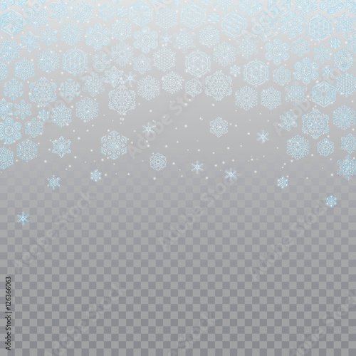 Falling snow backdrop on transparent background. Vector illustration.
