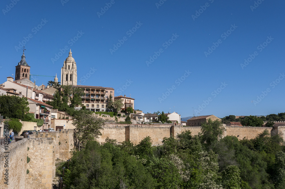 Views of the city of Segovia, with the Cathedral and the Church of Saint Andrew in the background, in Segovia, Spain on May 16, 2015.