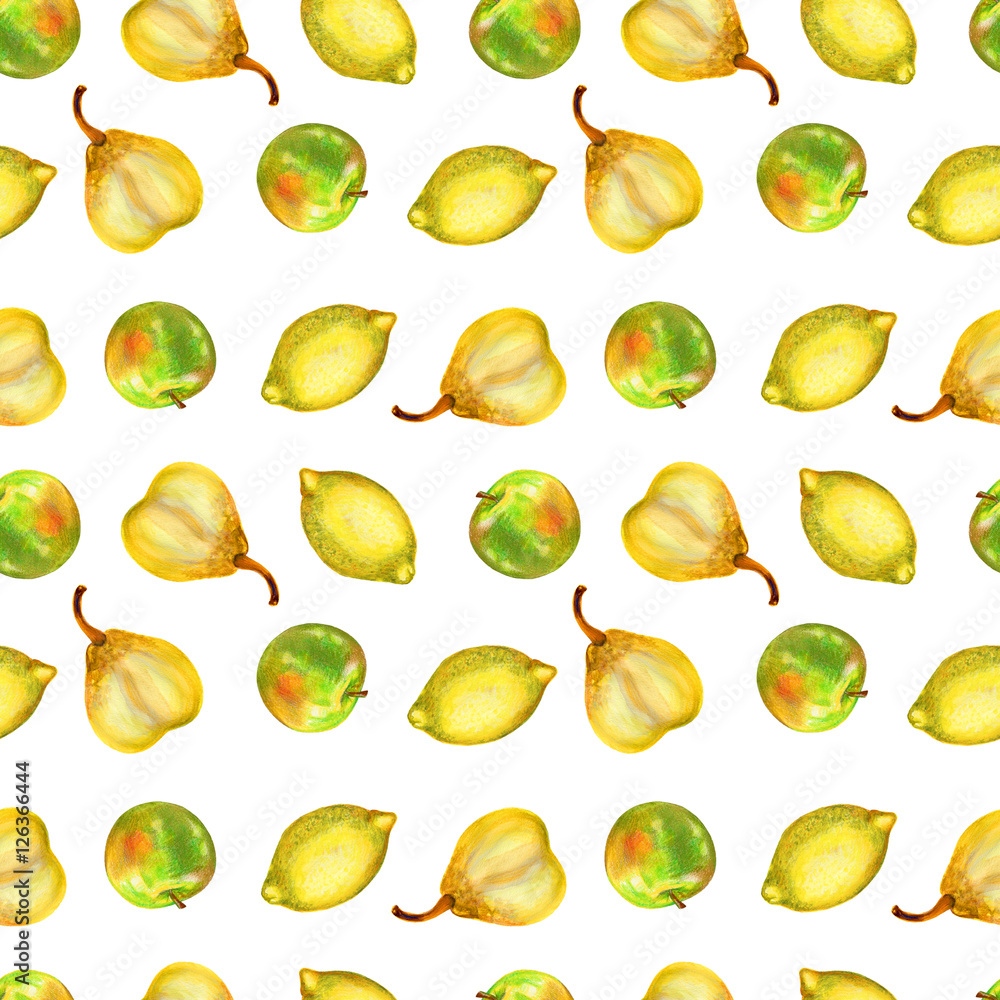 Watercolor green apple, lemon, yellow pear isolated on white background, seamless pattern, decorative texture, hand drawn food, juicy ingredient, organic natural vegetarian fruit for design cosmetic