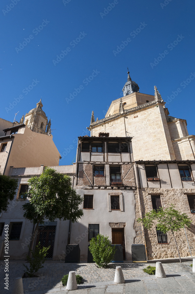Traditional architecture in the historic centre of Segovia, with the Cathedral in the background, in Segovia, Spain on May 16, 2015