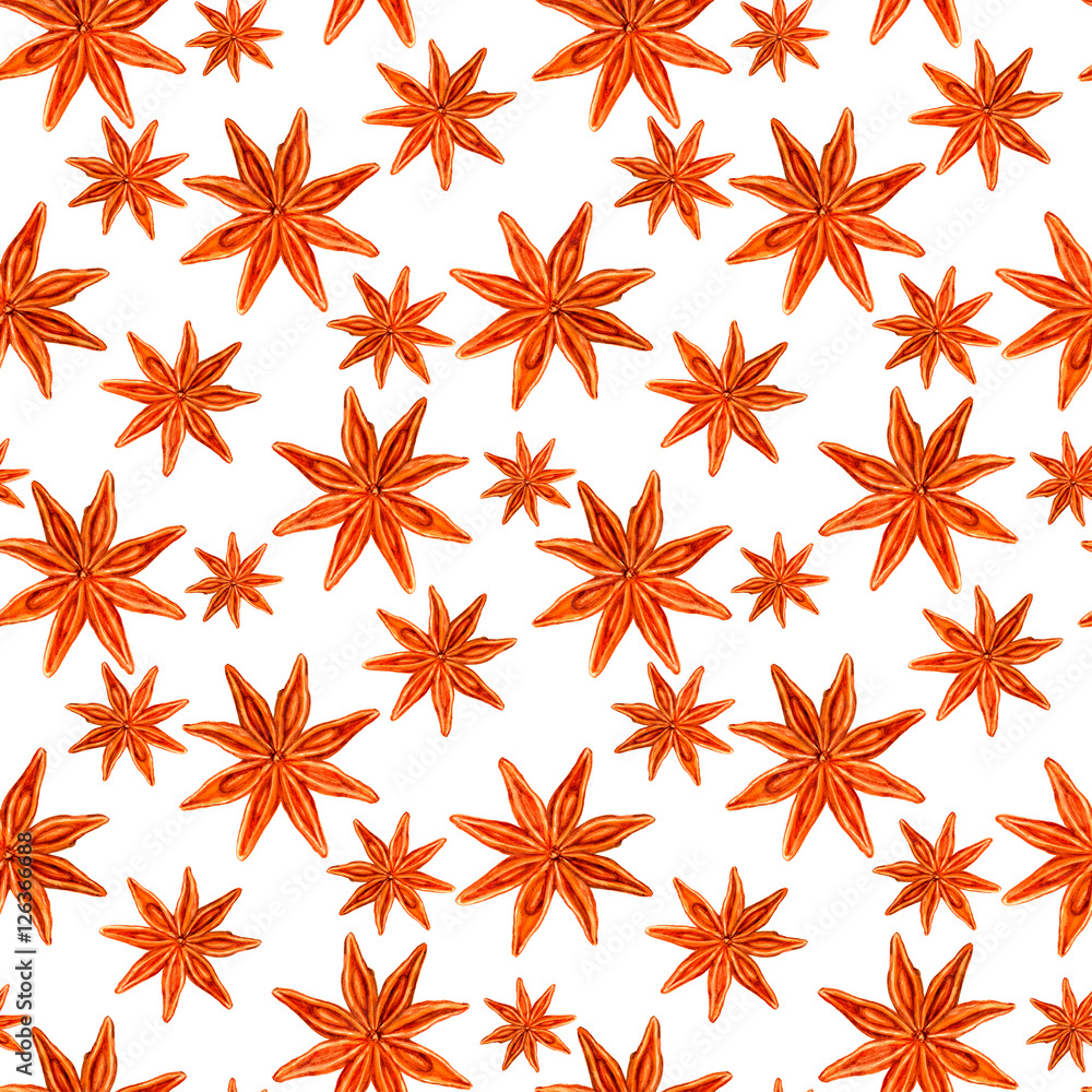 Star anise watercolor illustration isolated on white background, Hand drawn seamless pattern badian, Design food, Organic spice ingredient for healthy market, restaurant menu, kitchen aromatherapy Star anise watercolor illustration isolated on white background, Hand drawn seamless pattern badian, Design food, Organic spice ingredient for healthy market, restaurant menu, kitchen aromatherapy