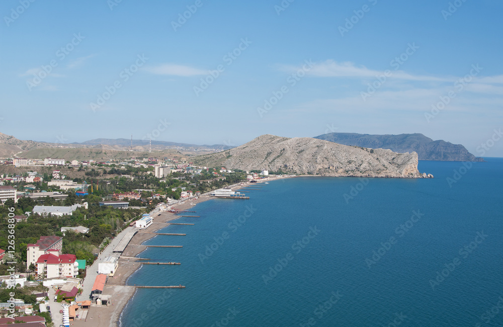 panoramic top view of Sudak bay and township, capes Alchak and Meganom, Crimea