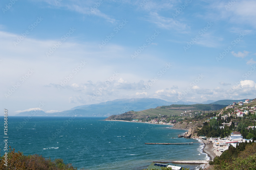 panoramic top views of mountain Black sea coast and Malorechenskoye village, Crimea