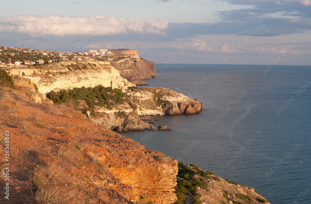 rocky cape Fiolent in sunset light, Black sea, Crimea  