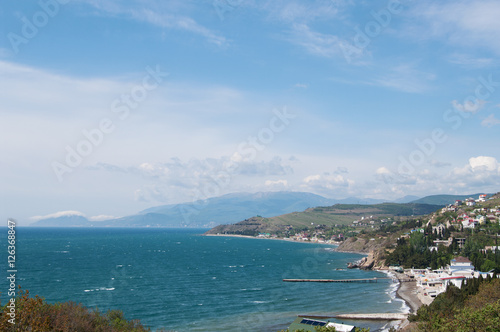 panoramic top views of mountain Black sea coast and Malorechenskoye village, Crimea