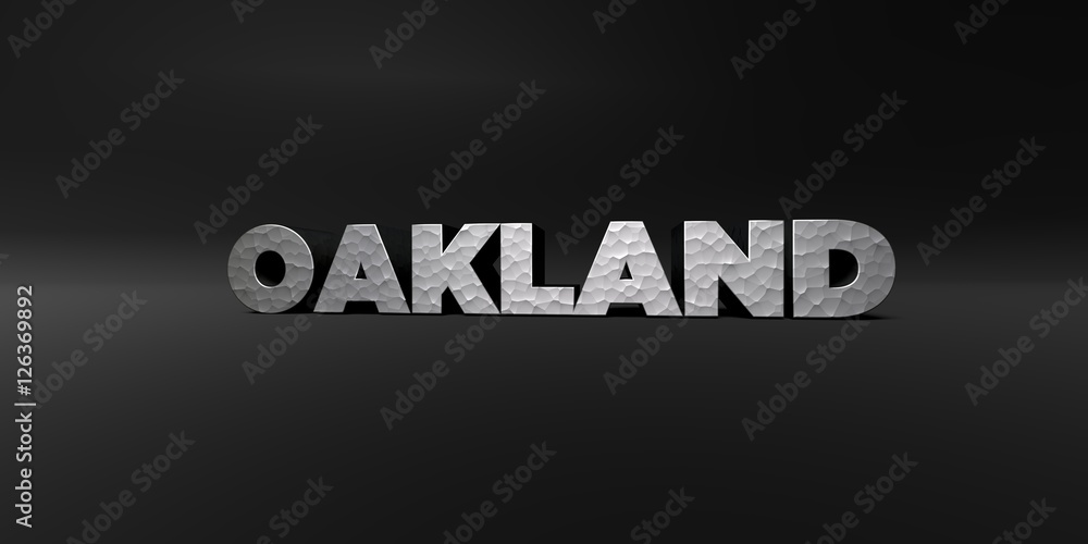 OAKLAND - hammered metal finish text on black studio - 3D rendered royalty free stock photo. This image can be used for an online website banner ad or a print postcard.