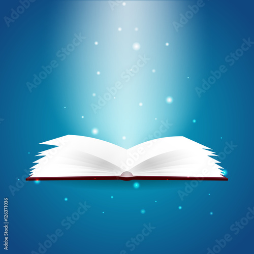 Book poster. Open book with mystic bright light on blue background. Vector illustration.