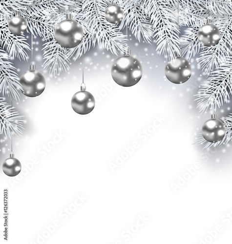 New Year Snowing Background with Silver Christmas Balls