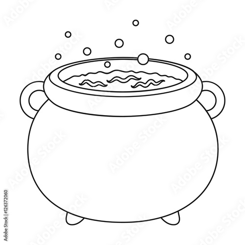 Witch's cauldron icon in outline style isolated on white background. Black and white magic symbol stock vector illustration.