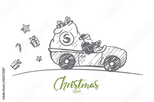 Vector hand drawn Christmas concept sketch. Santa Claus driving car with open bag full of presents. Lettering Christmas concept