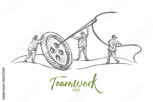 Vector hand drawn teamwork concept sketch. People trying to sew big button with huge needle together. Lettering Teamwork concept