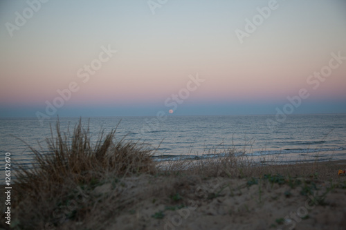 Luna llena en el horizonte en la playa