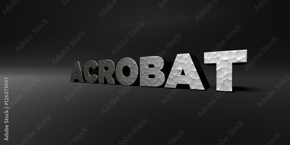 ACROBAT - hammered metal finish text on black studio - 3D rendered royalty free stock photo. This image can be used for an online website banner ad or a print postcard.